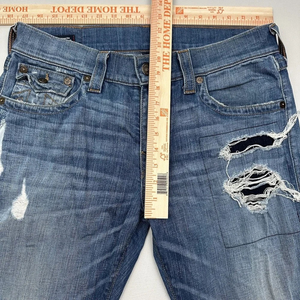 True Religion Geno Flap Relaxed Slim Jeans Mens 33x34 Distressed Blue Stretch